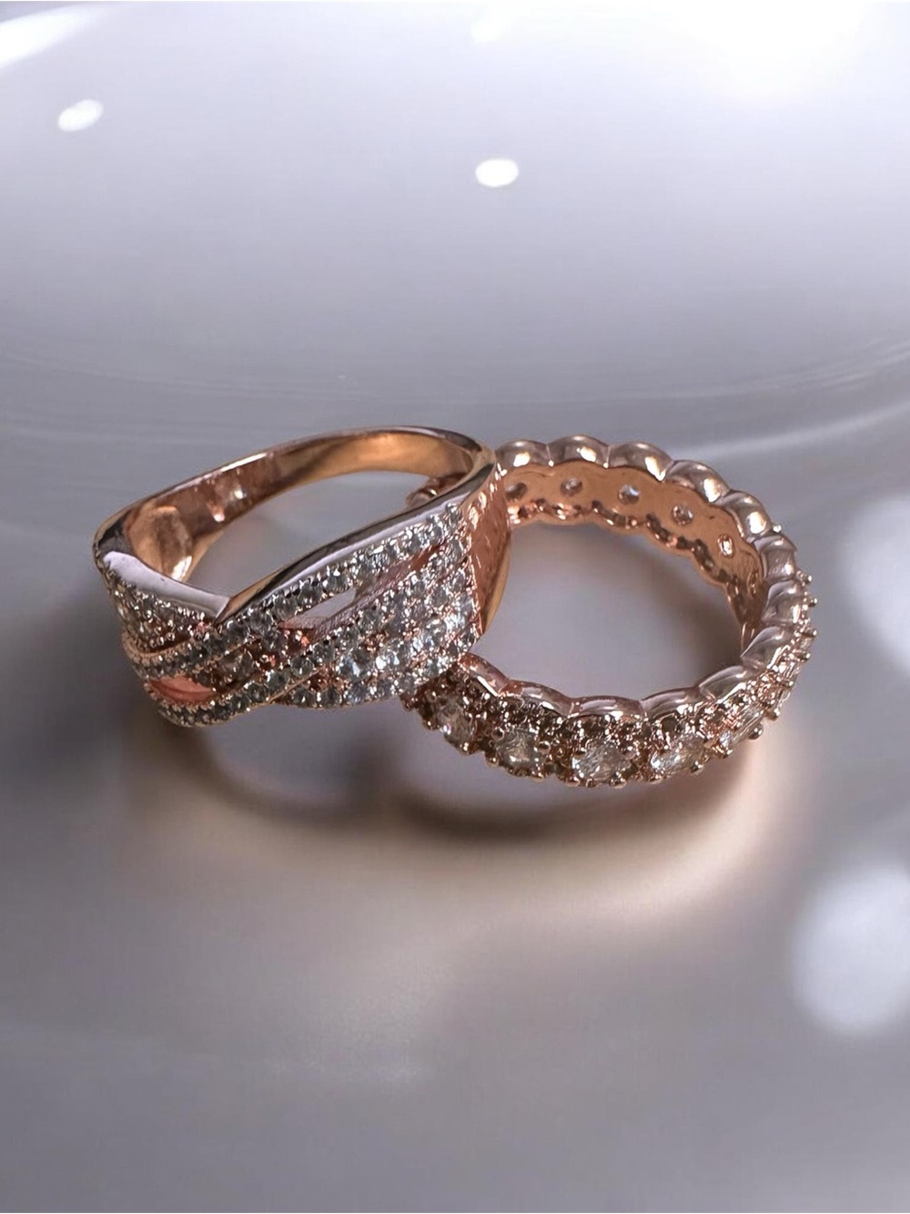 2 Rose Gold Crystal Pave Twisted Band Ring  and Rose gold eternity band